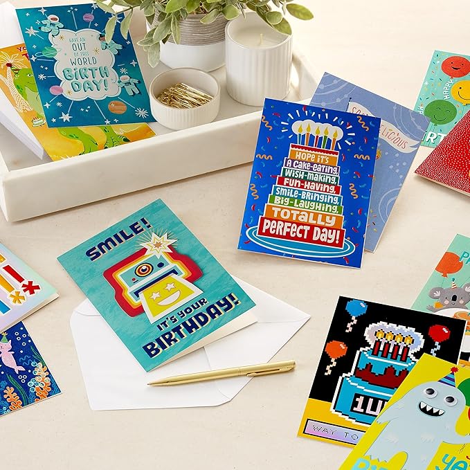 Hallmark Birthday Cards for Kids (12 Cards with Envelopes, Refill Pack Card Organizer Box) Dinosaur, Animals, Video Game, Birthday Boy, Birthday Girl