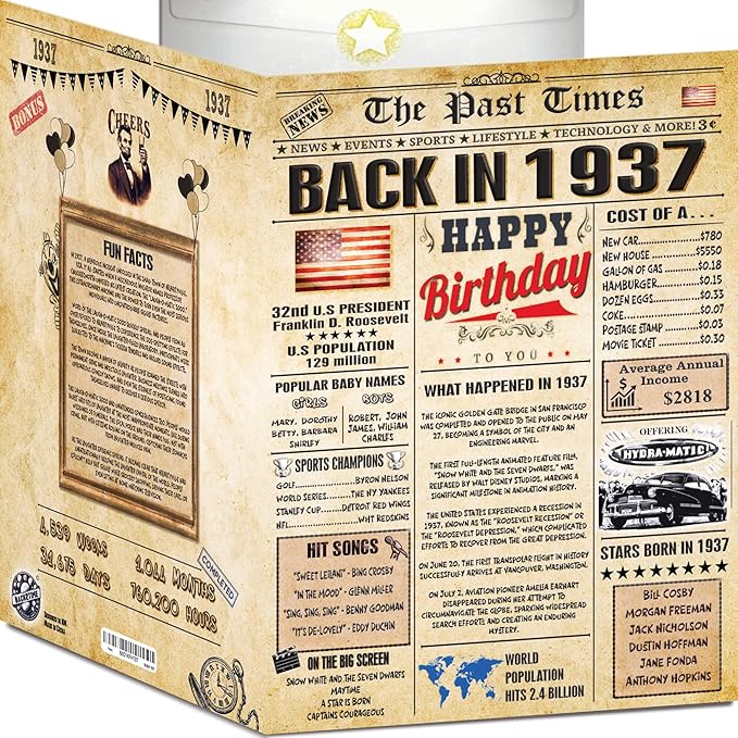 89th Birthday Cards for Men & Women - Back In 1937 Newspaper (Bday Card + Envelope) Large HAPPY BIRTHDAY Decorations for Her Him Vintage Funny card for Wife Husband & Grandparents 89 years