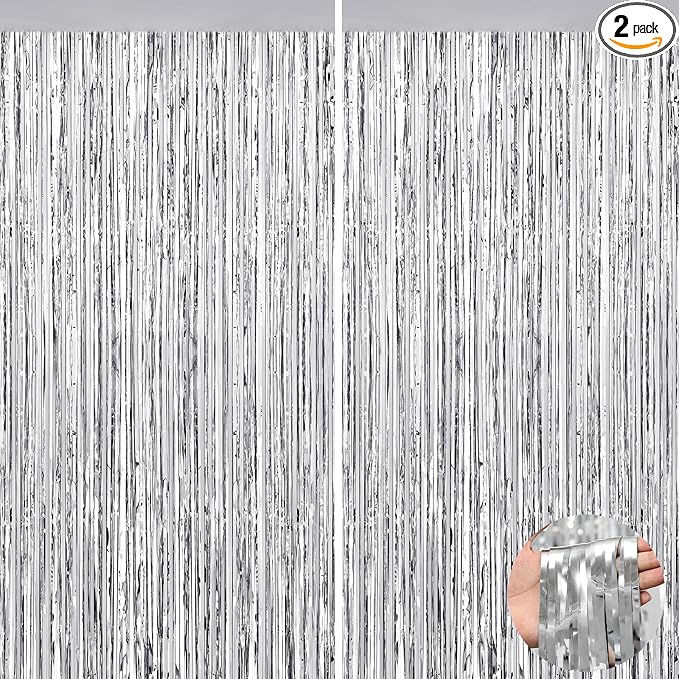 2Pack Foil Curtain Backdrop Silver Metallic Tinsel Foil Fringe Curtains Photo Booth Props for Birthday Wedding Engagement Baby Shower Bachelorette Xmas Holiday Graduation Celebration Party Decoration