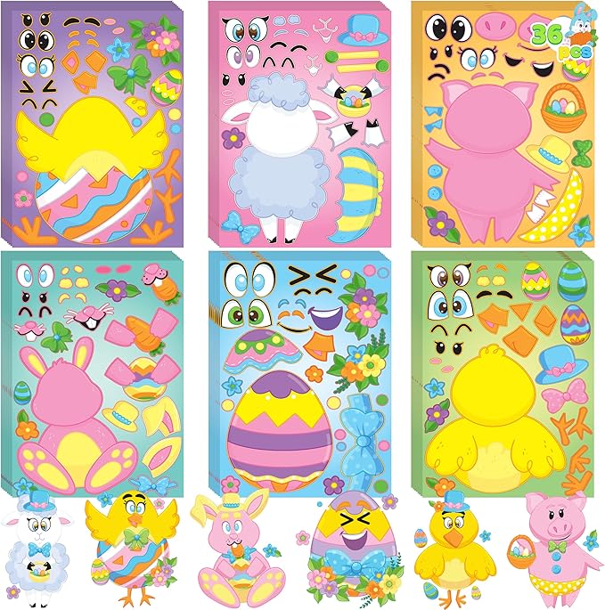 JOYIN 36 Pieces Easter Make A Face Animal Stickers with Easter Egg Themed Match Make Your Own Stickers with Bunny, Egg, Chick, Shell, Sheep, Pig Kids Party Favor Supplies Crafts