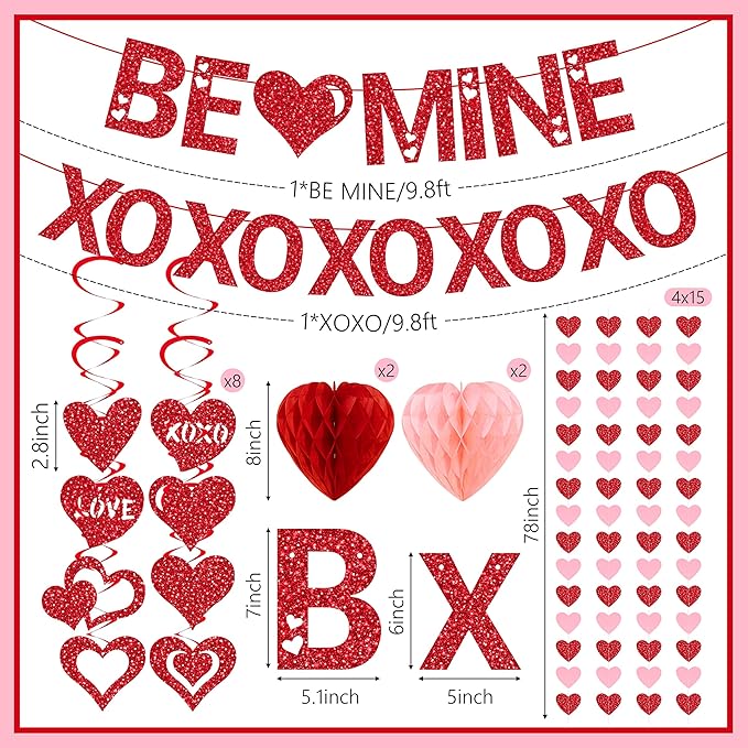 Pre-Strung Valentines Day Decorations, Red BE Mine XO Valentine's Banner,Heart Garlands & Hanging Swirls & Heart Honeycomb for Party Supplies, Valentines Decor Home Anniversary Wedding Bedroom
