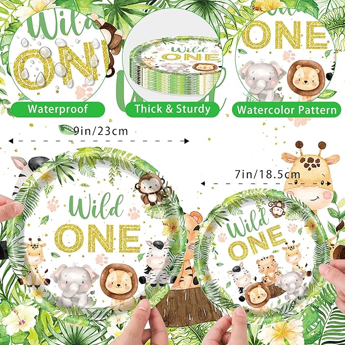 222 PCS Wild One Birthday Decorations, Jungle Safari Baby Shower Decorations Tableware Set with Animal Plates Napkins Cutlery Tablecloth Banner for 20 Guests