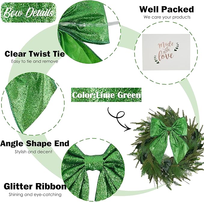 AIMUDI Lime Green Glitter Wired Ribbon Bows with Twist Tie 5.5" Premade Metallic Christmas Bows for Gift Wrapping, Wreath, Garland, Holiday Crafts Party Home Outdoor Christmas Tree Decorations, 12 PCs