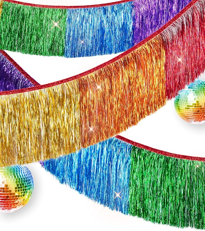 2 Pack Rainbow Foil Fringe Banner – High-Density Metallic Tinsel Tassel Garland in 6 Colors | Reusable Party Backdrop Decoration for Birthday Wedding Graduation Holiday Disco DIY Decor
