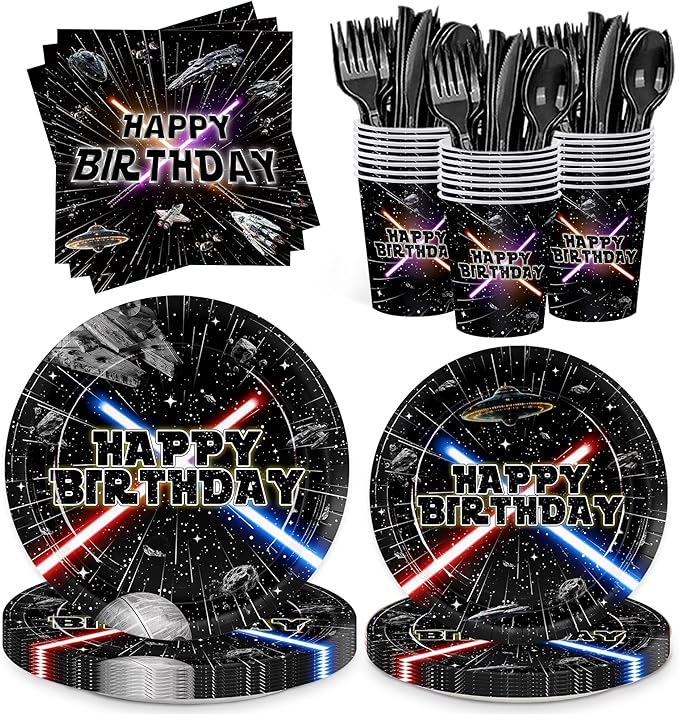 168pcs Galaxy Birthday Party Plate Napkin Disposable Tableware Set Paper Cup Black Forks Space Theme Decorations for Birthday Party Supplies Serve 24 Guests
