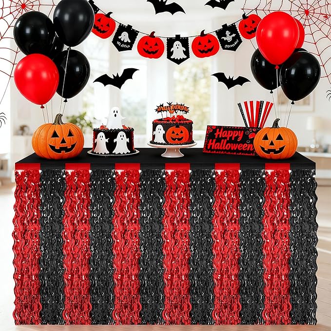 2 Pack Desk Skirt, Black Red Desk Grass Skirt for Table, Halloween Metallic Wavy Tinsel Foil Fringe Table Skirts, Foil Table Skirt for Halloween Graduations Birthday Indoor Party Decorations