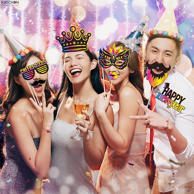 KatchOn, New Years Photo Booth Props 2026 - Pack of 30 | Neon New Years Eve Photo Booth Props for Happy New Years Decorations 2026 | New Years Eve Party Supplies 2026 | NYE Decorations 2026