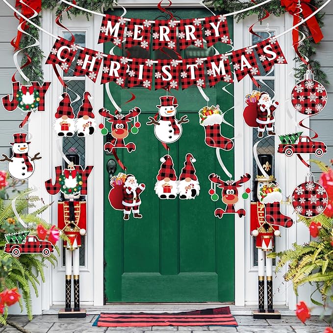 Christmas Hanging Swirls Decorations - NO DIY - Buffalo Plaid Merry Christmas Banner Christmas Ceiling Hanging Streamers, Xmas Hanging Decorations Indoor for Office Christmas Holiday Party Decorations