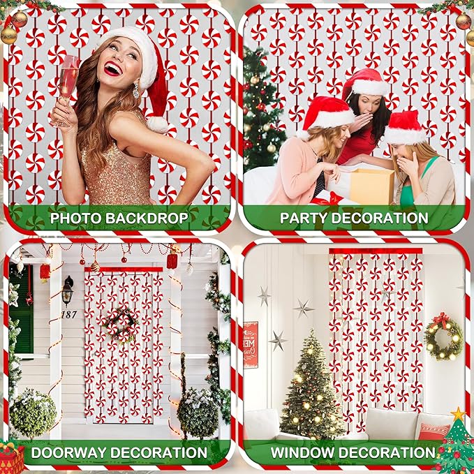 Christmas Party Decorations Candy Cane Foil Fringe Curtains, 2 Pack Red White Christmas Backdrop Photo Booth Prop Streamers for Ugly Sweater Party Xmas Decorations Indoor, 3.3x6.56Ft