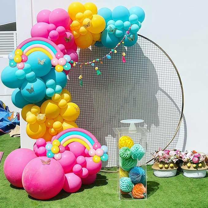 155 Pcs Summer Rainbow Balloons Arch Kit, Hot Pink Teal Blue and Yellow Neon Balloon Garland Kit Pool Birthday Decor, Pastel Pink Blue Colorful Long Balloon as Rainbow Tropical Luau Party Decorations