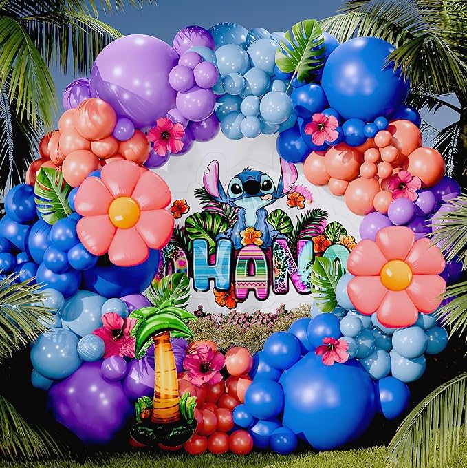 ALL-IN-1 Blue Alien Balloon Arch Kit with BONUS Palm Tree & Tropical Flowers for Cute Space Creature Theme Kids Birthday, Baby Showers & Outer Space Parties - Tropical Blue Monster Party Decorations