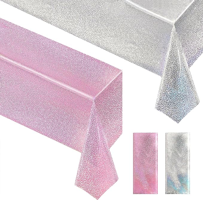 PalePink & Silver Holographic Tablecloth 40" x 108" Hot Pink Party Decoration Valentine's Day Birthday Party Table Decor Iridescence Plastic Table Cloth for Baby Shower Bachelorette Party Supplies