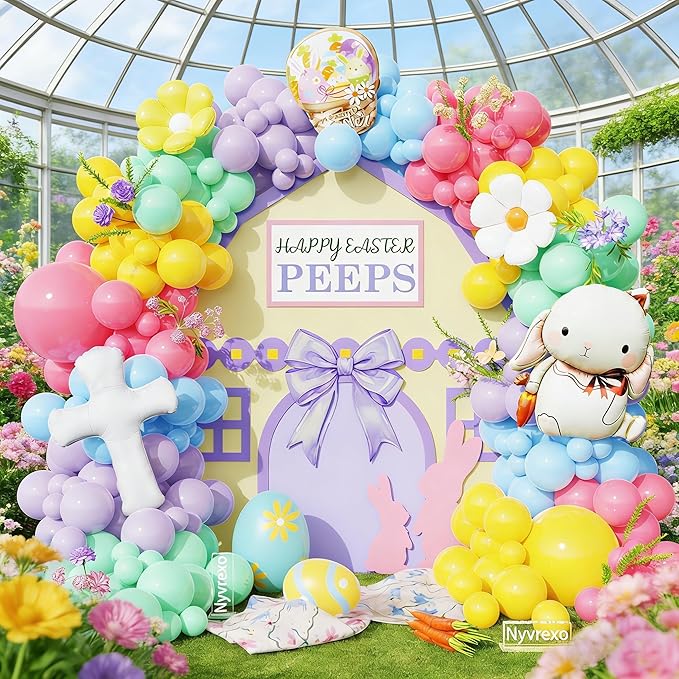 Easter Decorations Indoor Outdoor, 160Pcs Rainbow Pastel Eatser Balloons Arch Garland Kit with Cross Bunny Daisy Foil Balloons for Rabbit Theme Spring Decoration