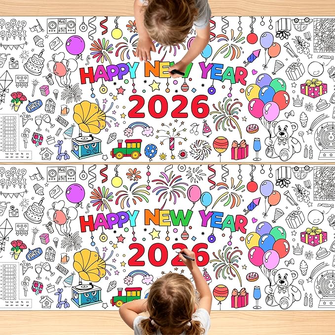 New Years Coloring Tablecloth/Poster, 2 PCS New Years Decorations 2026, 72" X 30" Giant Paper Coloring Banner for Crafts Activities Party Decorations, Fun DIY Art 2026 Year Eve Party Supplies