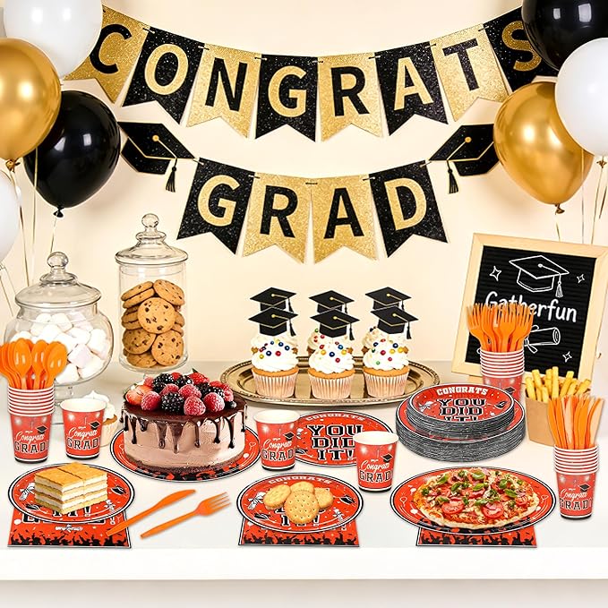 175PCS Graduation Plates and Napkins Set 2026 Graduation Party Supplies Tableware Set Include Paper Plate Napkin Cup Knife Fork Spoon for Grad Party Decor Serve25 (Orange and Black)
