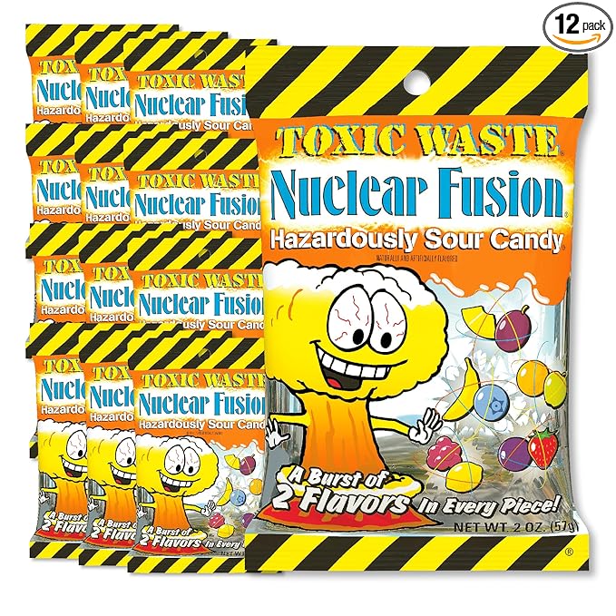TOXIC WASTE - Nuclear Fusion Hazardously Sour Candy - Raspberry-Lemon, Pineapple-Passionfruit, Grape-Strawberry, Banana-Blueberry, & Orange-Apple Flavors - 2 oz. Peg Bags - 12 Pack