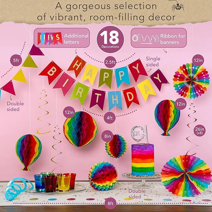 Premium Reusable Happy Birthday Decorations - Colorful Rainbow Birthday Decorations for Kids, Women, and Men - Multi-occasion Banner, Pennant Banner, Paper Fans - Party Decor by Itsy Bitsy Party Co