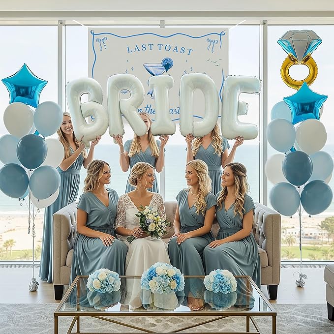 Last Toast on the Coast Bachelorette Decorations Blue bridal shower Blue Balloon Garland Kit with Backdrop Huge 40 inch BRIDE letter Diamond Ring balloons for Hen Party Wedding Engagement supplies