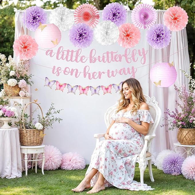 Kriyokiaa Butterfly Baby Shower Decorations for Girls 16 Pcs Baby Girl Shower Decorations with Butterfly Banners, Paper Pom Poms, Lantern, Fans Perfect for Indoor & Outdoor Celebrations