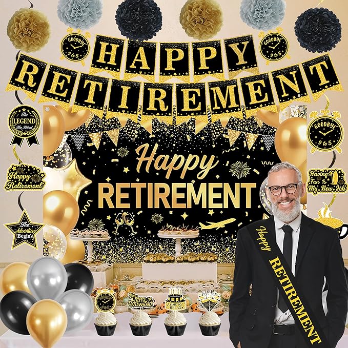 DARUNAXY Black Gold Retirement Party Decorations, Happy Retirement Banner, Officially Retired Hanging Swirl The Legend Has Retired Sash Tissue Paper Pom Poms Party Supplies(31PC)