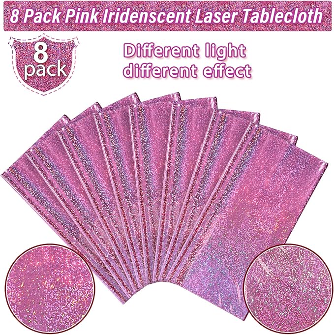 8 Pack Iridescence Plastic Tablecloths Shiny Disposable Laser Rectangle Table Covers Holographic Foil Tablecloth Iridescent Kpop Birthday Bridal Wedding Christmas Party Decoration, 54" x 108" (Pink)
