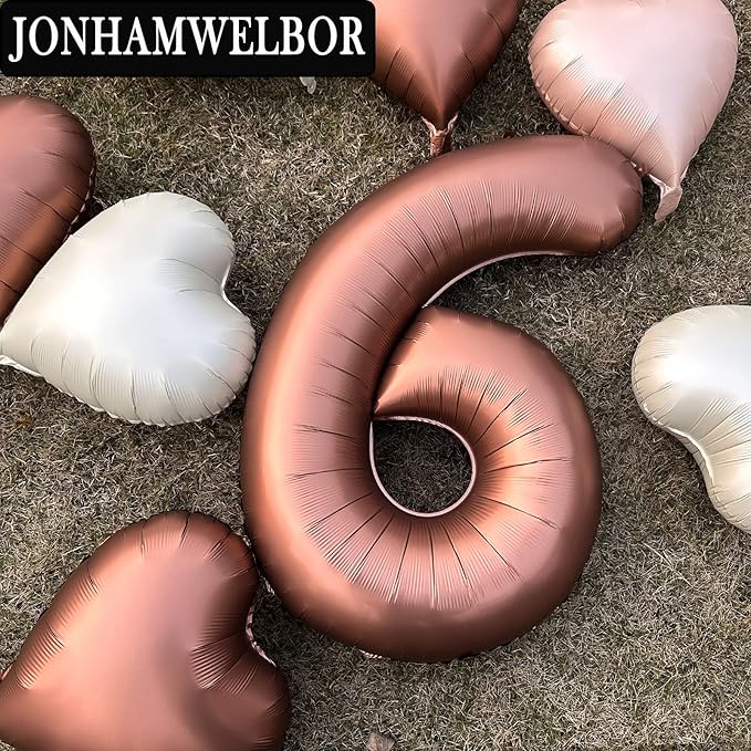 Jonhamwelbor 40 inch Brown Number 6 Balloon Large Big Giant Jumbo Helium Number Foil Mylar Balloon with Heart Balloons for Six Year Old Girl Boy 6th Birthday Party Decoration (40 inch Brown 6)