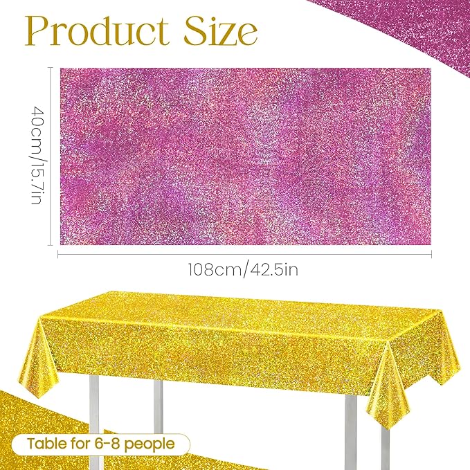 Sparkling Pink & Gold Holographic Laser Tablecloth - Shimmering, Waterproof, Easy to Clean - Ideal for Bachelorette, Birthday, Wedding, and Anniversary Party Decorations