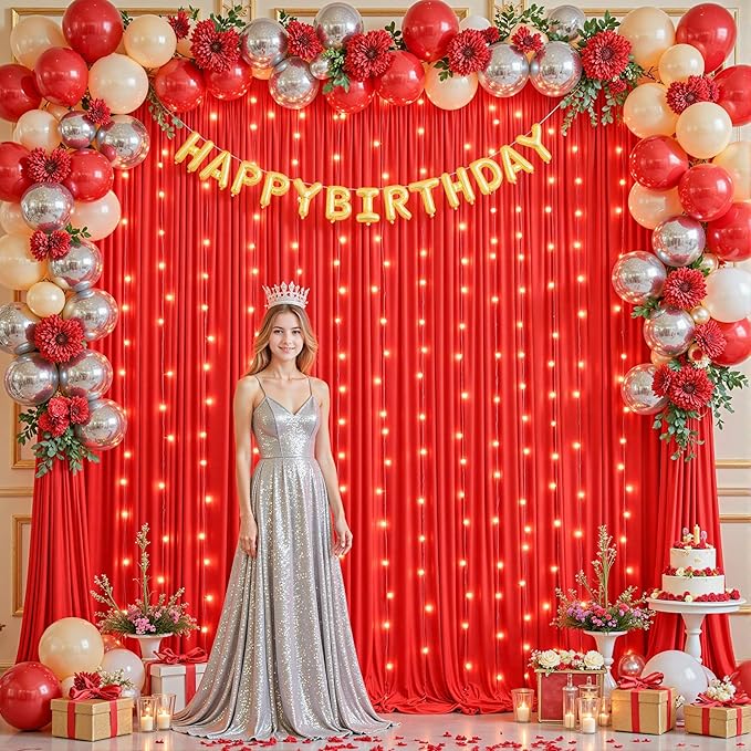 10 x 10 ft Red Backdrop Curtains with Lights String for Wedding Polyester Photo Backdrop Drapes Wrinkle Free Red Long Curtains for Birthday Parties Reception Baby Shower Ceremony-10 x 5ft x 2 Panels