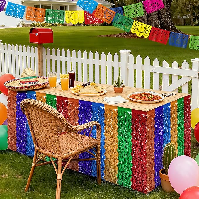 Cinco De Mayo Table Decorations, 2 Pack Fiesta Desk Skirts Supplies, Mexican Theme Metallic Wavy Tinsel Foil Fringe Table Skirts, Rainbow Skirts for Dia De Los Muertos Day Mexico Day of The Dead Decor