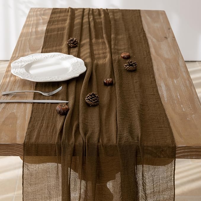 Keketoarrange 3pcs Coffee Gauze Rustic Cheesecloth Table Runner 120 Inch 10 FT for Wedding Baby Shower Bridal Shower Birthday Engagement Garden Outdoor Party Long Sheer Boho Decorations