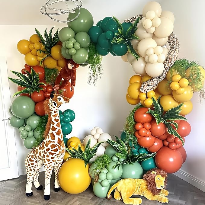 Green and Brown Balloon Arch Kit Double Stuffed Teal Green Mustard Yellow Orange Brown Coffee Beige Retro Balloon for Wild Safari Jungle Hunting Birthday Baby Shower Party Decorations