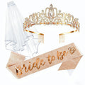 CIEHER Bachelorette Party Favors - White Veil, Bride to Be Sash & Crystal Crown for Bridal Shower Decoraions Wedding Party Gifts - Rose Gold