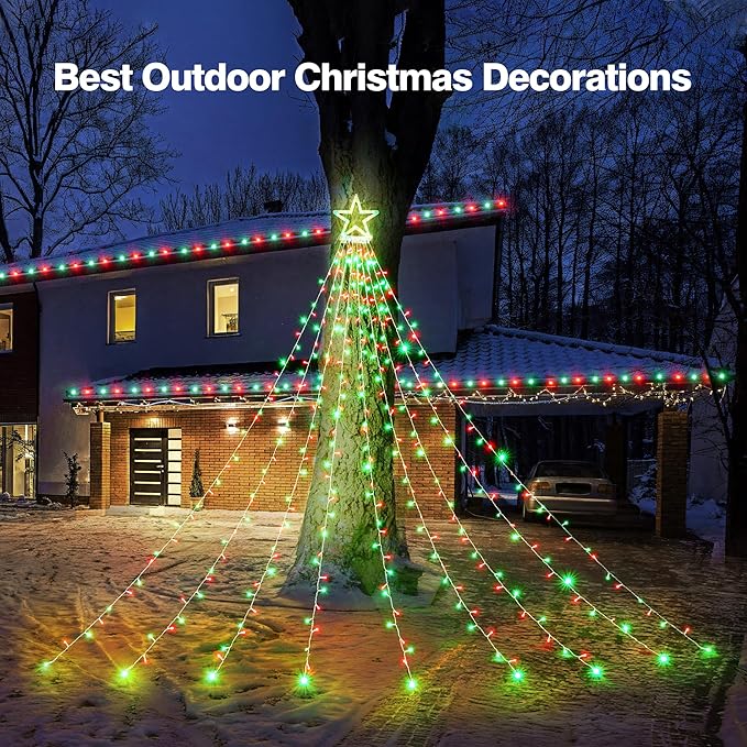 BlcTec Outdoor Christmas Decorations 317 LEDs Christmas Lights with 9 Strands 11.9ft Waterfall Christmas Tree Lights, 8 Modes, Waterproof, Topper Star & Timer for Yard Patio Xmas Décor, Red Green