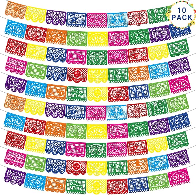 10 Pack Mexican Party Decorations, 180 FT Fiesta Banner Cinco De Mayo Party Banner Plastic Papel Picado Mexican Themed Party Banner Flags Colorful Indoor Outdoor Dia De Los Muertos Home Decor