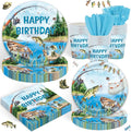 120Pcs Fishing Party Supplies,Disposable Tableware Set,Include Plates Napkins Cups Forks,Little Fisherman Themed Paper Plates Set for Birthday Serves 20