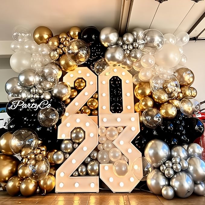 New Years Balloon Garland Arch Kit Black and Gold Explosion Star Balloons Black Pearl White Champagne Gold Balloon for Happy New Year Eve 2026 Grad Birthday Retirement Baby Shower Party Decor
