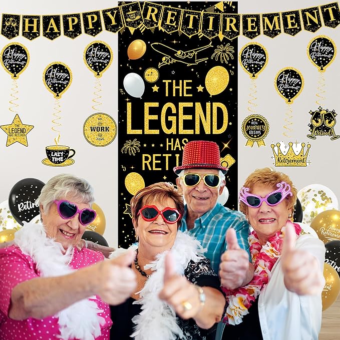 Roetyce Retirement Party Decorations for Men Women, Black Gold Happy Retirement Banner Balloons Hanging Swirls Kit, Lengend Has Retired Backdrop for Coworker, Office Retired Party Supplies