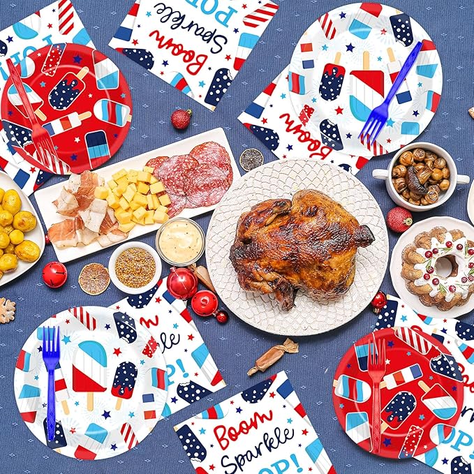 96 Pcs Patriotic Party Plates Napkins Tableware Set Summer Ice Pop Supplies Disposable Dinnerware 4th of July Theme Popsicle Decoration Favors for American Independence Day Memorial Day, 24 Guests