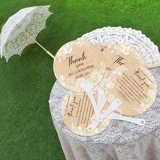 100 Pcs Wedding Hand Fans for Guests Bulk Decorative Plastic Handheld Wedding Favor Fans with Handle Thank You for Celebrating with Us for Ceremony Bridal Shower Party Decor(Lace)