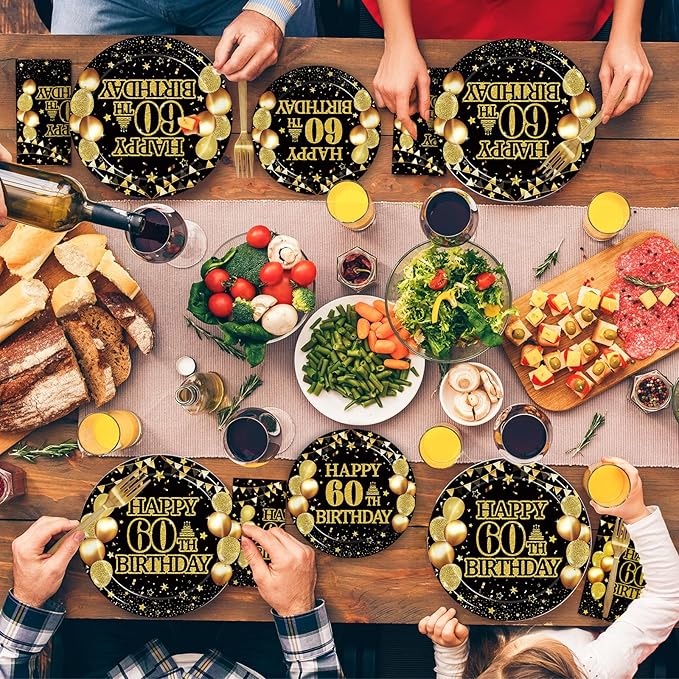 96Pcs 60th Birthday Party Tableware Set, Back in 1966 Birthday Party Decorations Supplies for Men Women Cheers to 60 Years Disposable Paper Plates Napkins Forks Favors, Serve 24