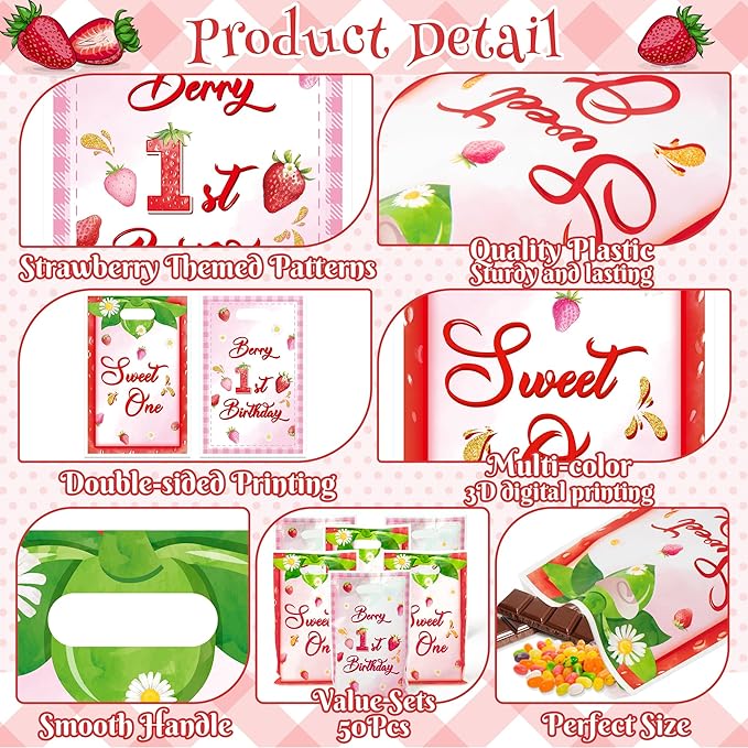 ArianQicult Berry First Birthday Party Favor Bags - 50Pcs Strawberry Sweet One Goody Candy Treat Gift Bags 1st Birthday Party Decorations for Kids Boys Girls Baby Shower Party Supplies