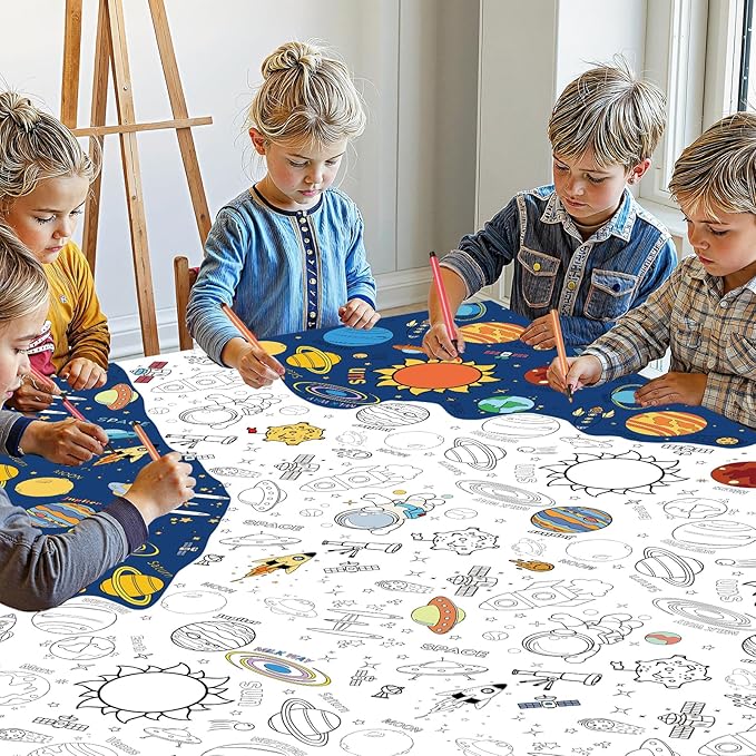 Large Outer Space Coloring Tablecloth - Giant Solar System Theme Colorable Paper Poster, Galaxy Activity Games Table cloth for Space Birthday Party Decorations Supplies Favors Crafts Gifts, 54x108 In