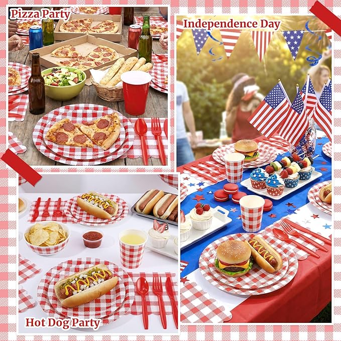 175 Pcs Gingham Party Supplies Include Red Gingham Plates and Napkins Cups Plastic Cutlery Disposable Red Checkered Plates Set for Picnic, Pizza, Bbq, Hot Dog Party Decorations