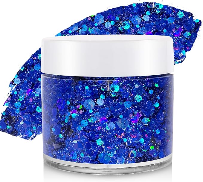Blue Face Hair Glitter,Cheer Holographic Royal Blue Body Glitter,Rave Music Festival Carnval Singer Concert Accessories,Halloween Cosplay Chunky Shimmer Makeup