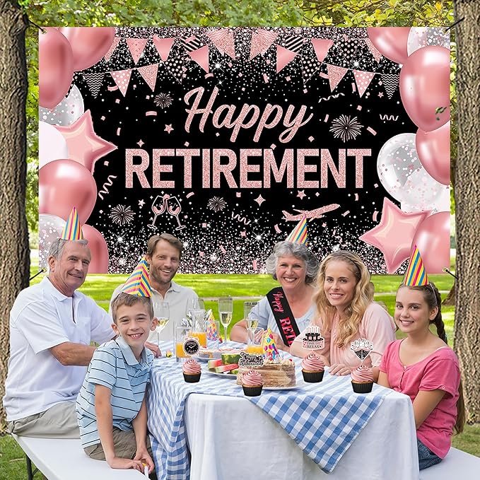 DARUNAXY Rose Gold Retirement Decorations for Women, Happy Retirement Banner, Pink Officially Retired Hanging Swirl The Legend Has Retired Sash Tissue Paper Pom Poms Party Supplies(31PC)