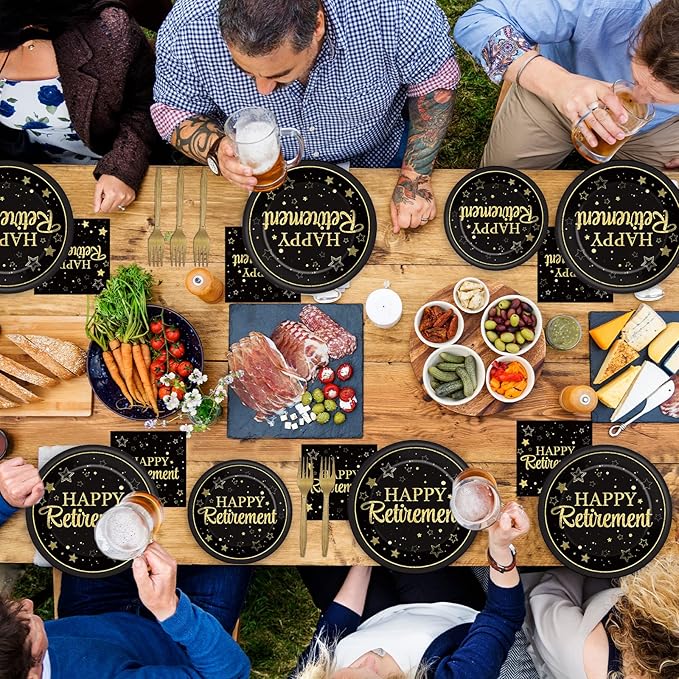 50 Guests Retirement Party Decorations Retirement Plates Napkins Set Happy Retirement Black and Golden Disposable Dinnerware Tableware Graduations Decorations Supplies Favors for Women Men, 200Pcs