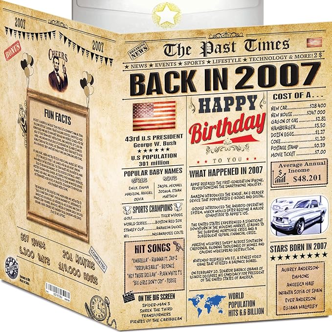 19th Birthday Card for Women Men - Back In 2007 Newspaper - 19 th Happy BIRTHDAY card - 19 birthday gift for Her Him - JUMBO size - 19th birthday decorations Dad Mom - Best gifts for 19 year old