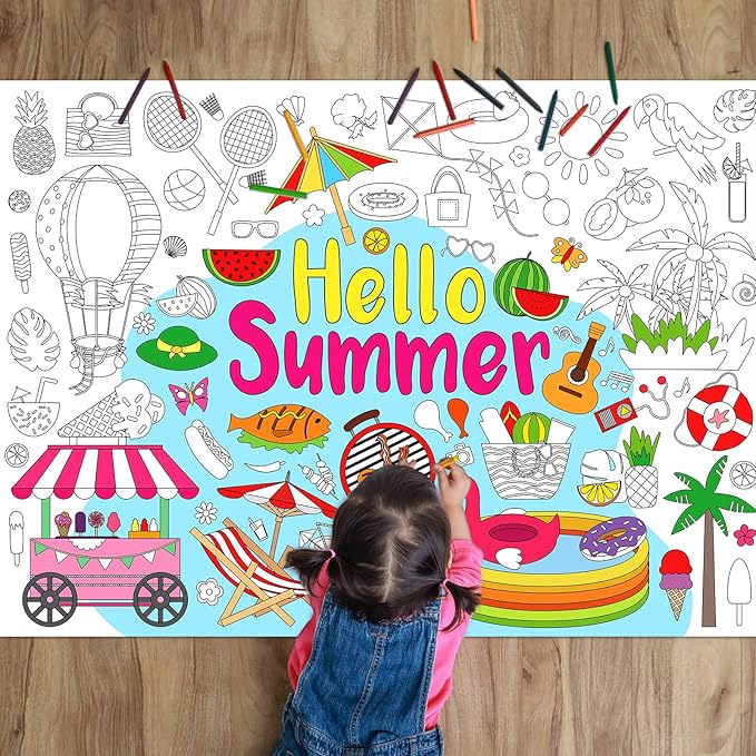 ZOIIWA Hello Summer Coloring Poster Giant Coloring Poster Large Summer Coloring Tablecloth Jumbo Coloring Books Classroom Home Birthday Party Supplies Favor 31.4 x 43.3 Inch