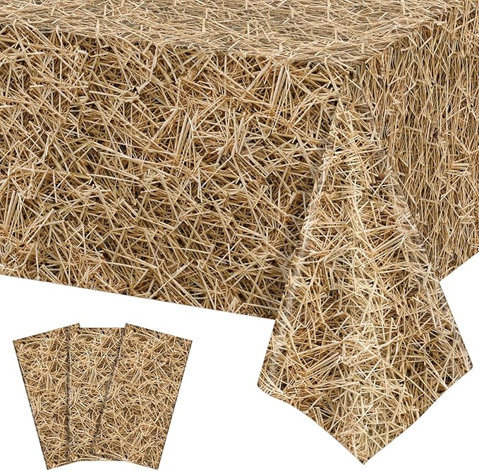 3 Pack Straw Plastic Tablecloth, 54 x 108 Inch Disposable Farm Hay Tablecloths Waterproof Rectangle Western Birthday Theme Table Cover for Cowboy Western Barn Birthday Baby Shower Party Supplies