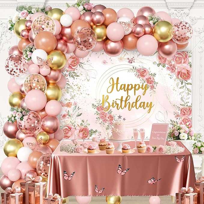 Rose Gold Floral Birthday Decorations for Women,Balloon Garland Kit, Pastel Nude Pink Metallic Matte White Balloons with Gold RoseGold Confetti for Princess Girl Party